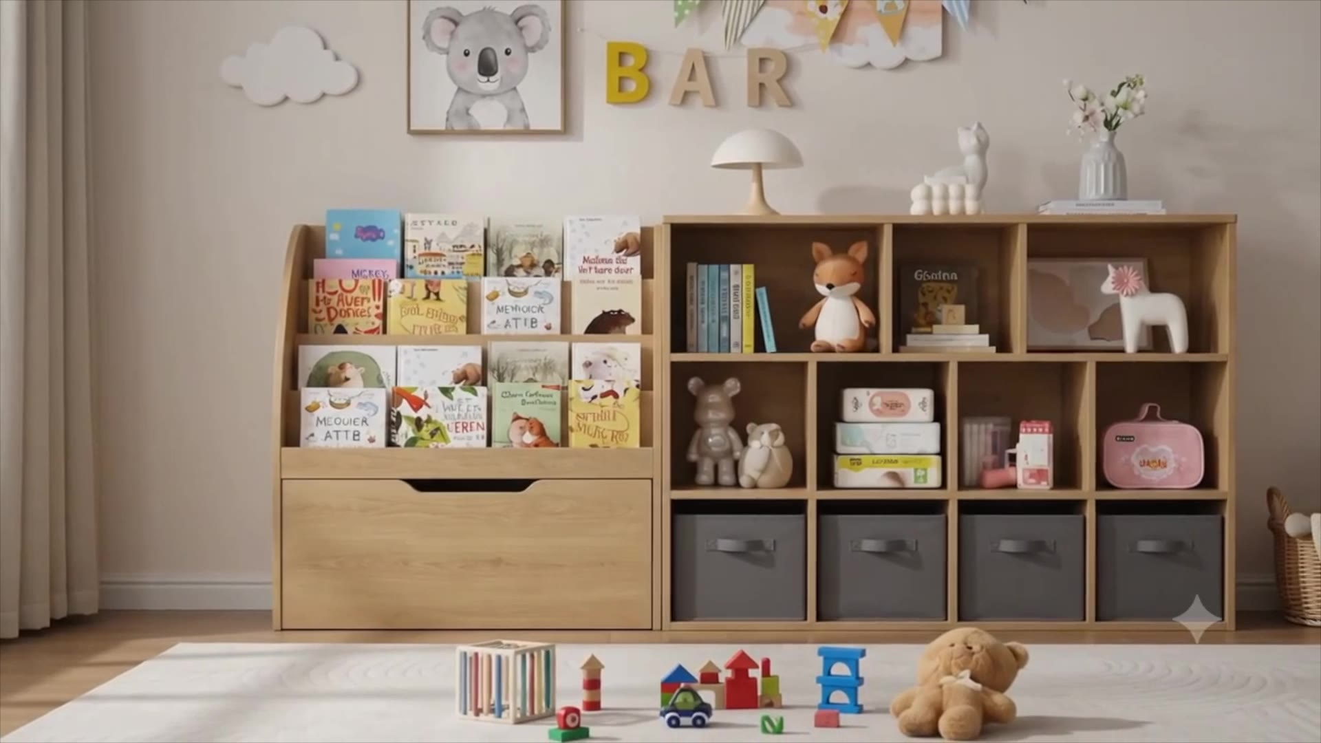 Fatmok Kids Bookshelf and Toy Storage, Toy Storage Organizers with Movable Drawers & 3 Storage Bins, Kids Reading Nook Toy Organizers Shelf with 5 Cubbies, Natral Wood