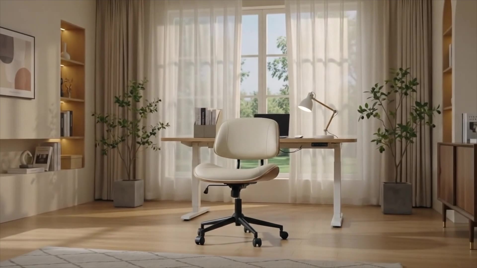 BERYTH Armless Office Chair with Wheels, PU Leather Desk Chair, Beige